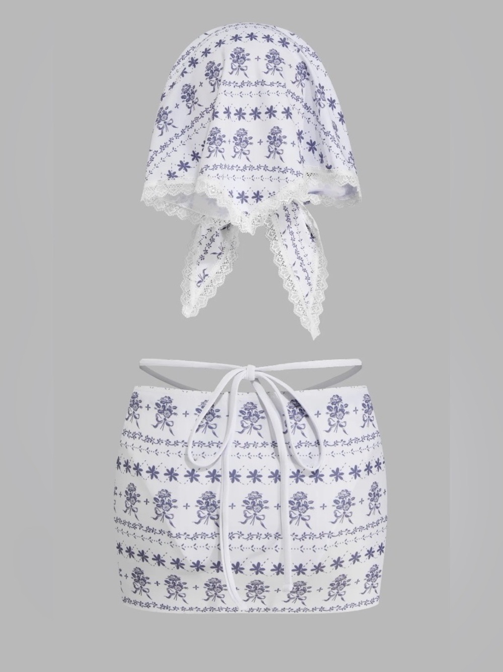 Two-Piece White and Blue Floral Bandana Headpiece + Skirt bikini cover up set XS